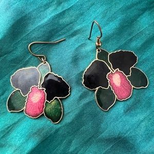 Vintage 80s Goldtone Cloisonné Orchid Earrings